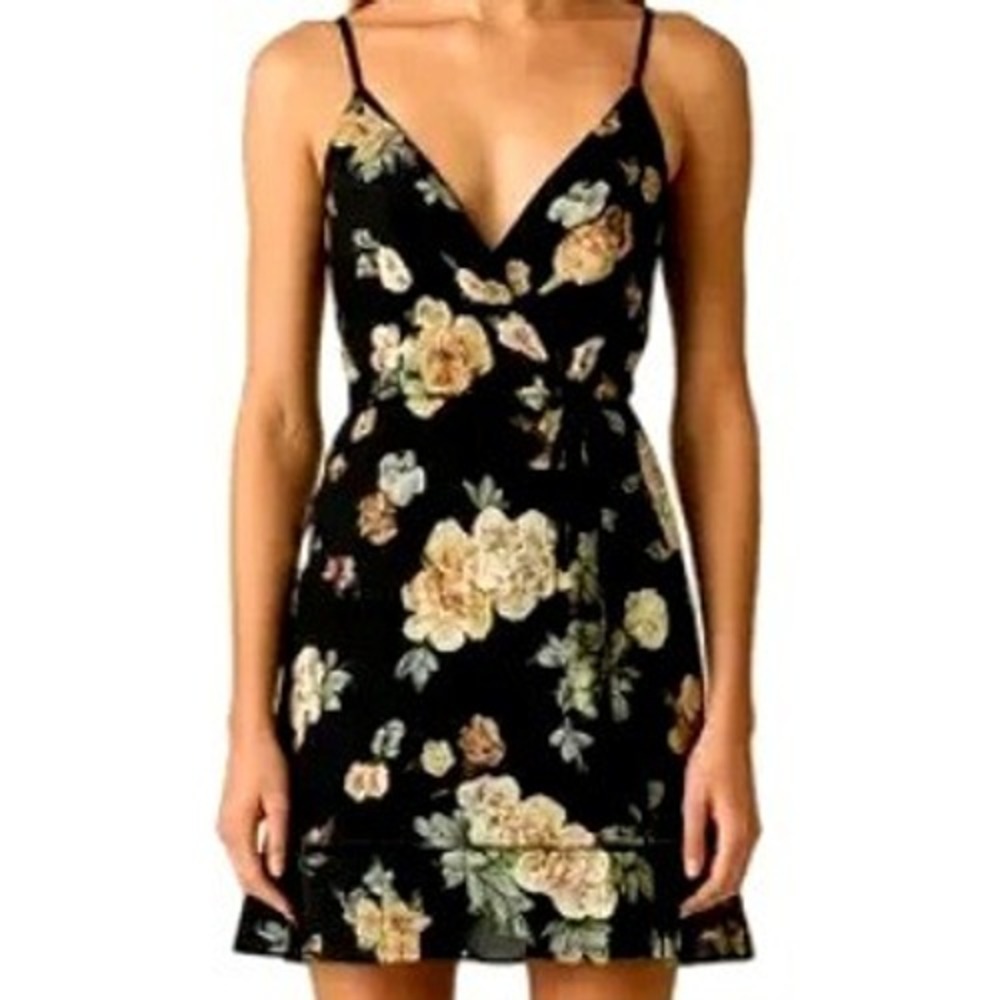 BOG‎ COLLECTIVE Small Black Pink Floral Faux Wrap Mini Sundress Shirred Ruffles